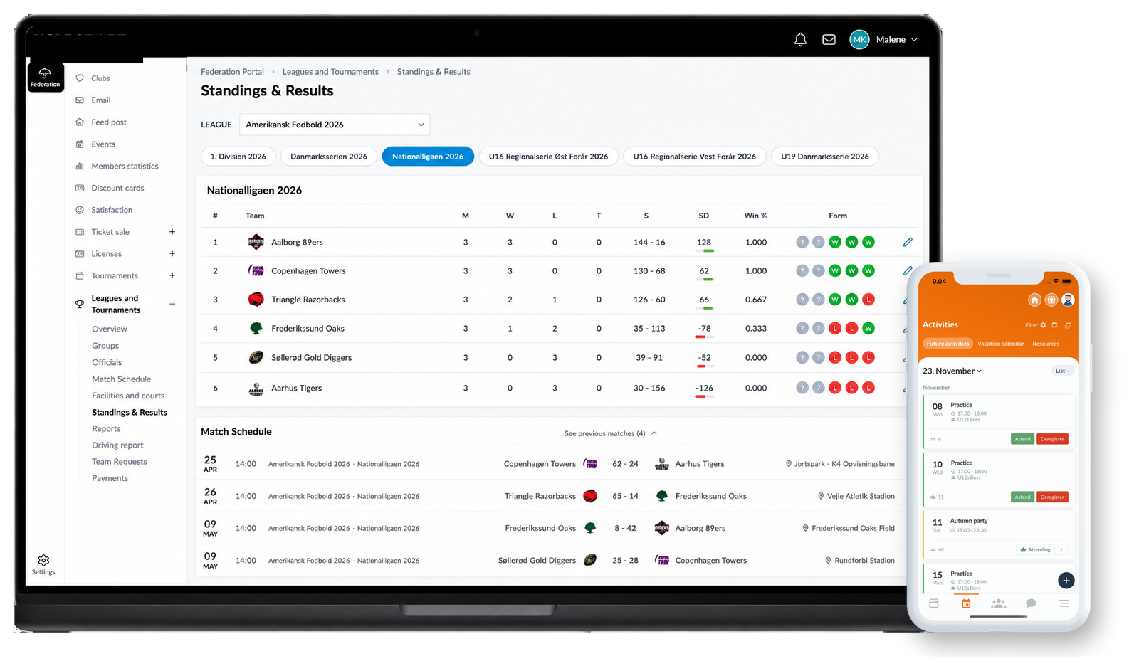 SportMember shown on a laptop web admin and the club app on a phone
